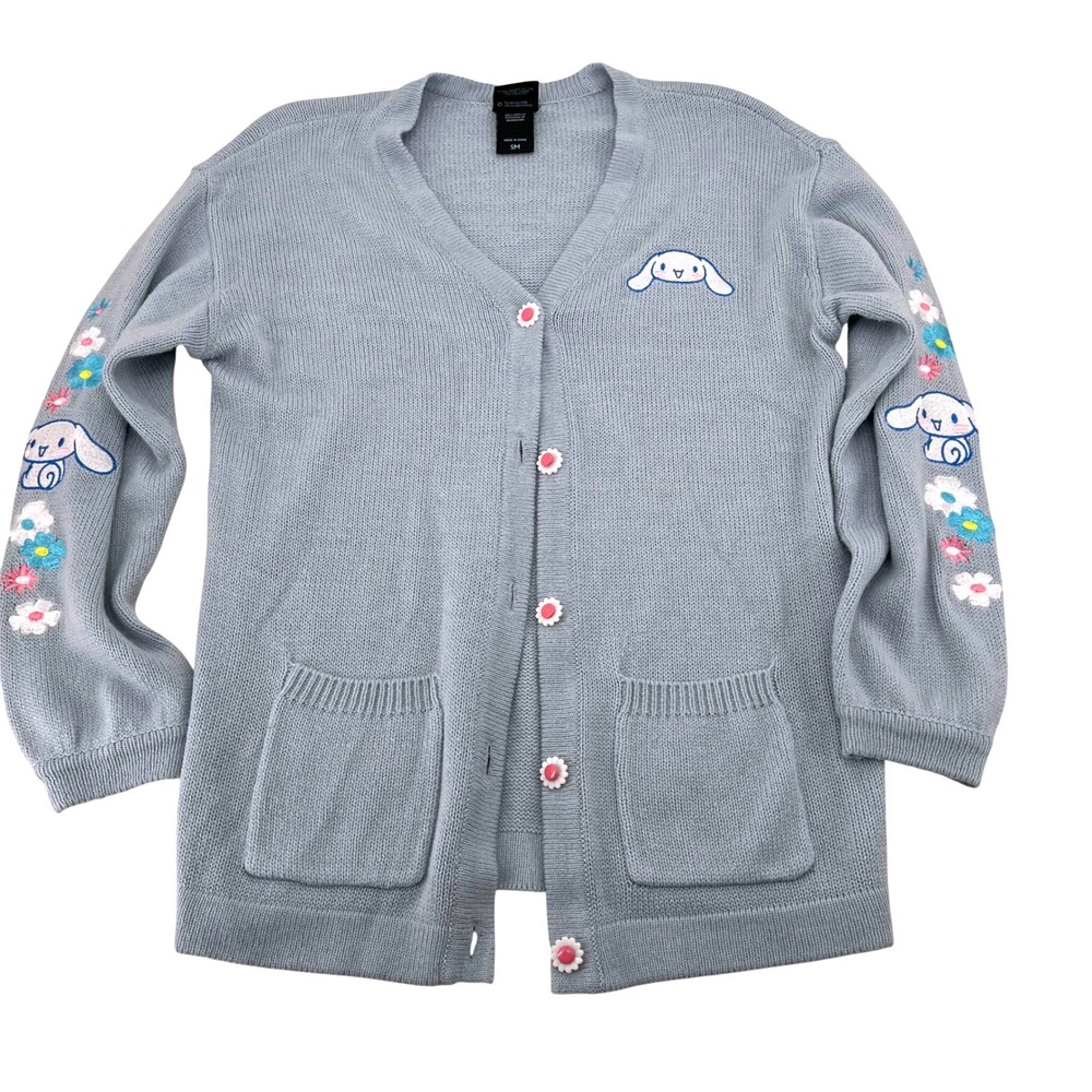 Sanrio Cinnamoroll Blue Knit Cardigan Embroidered Flowers‎ Button Front Women SM